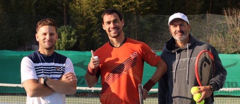 Fabio Fognini oggi in campo con Mancini e Lacour