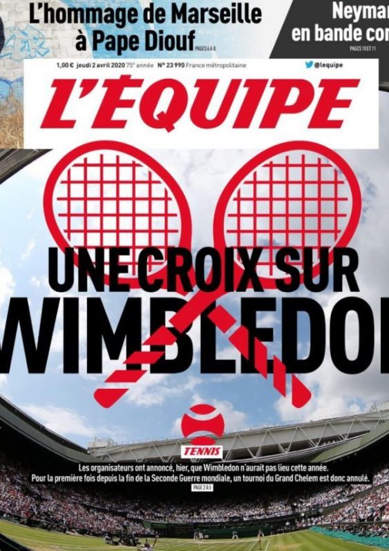 La prima pagina dell'Equipe sulla cancellazione di Wimbledon