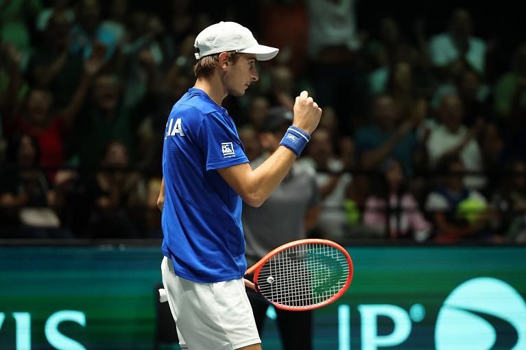 Coppa Davis, un'esultanza di Matteo Arnaldi (Foto Giampiero Sposito)