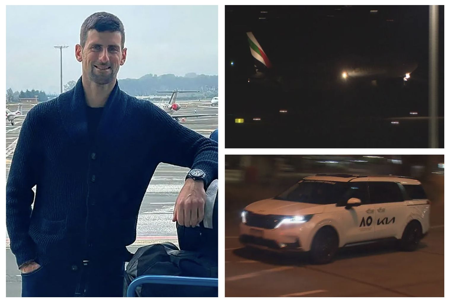 Djokovic alla partenza e all'arrivo a Melbourne
