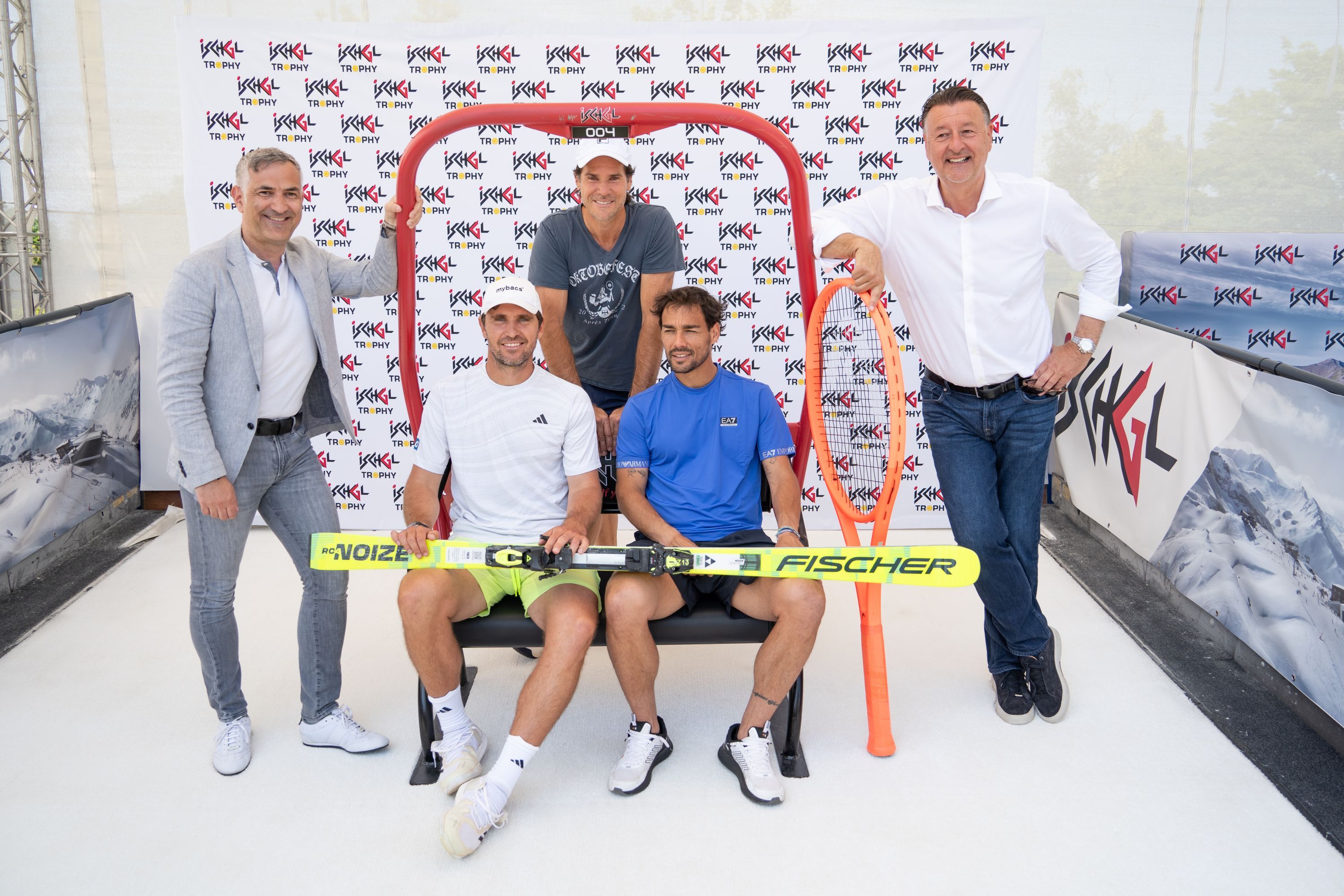 Günther Zangerl (Vorstand Silvrettaseilbahn-AG), Mischa Zverev, Tommy Haas, Fabio Fognini, Edwin Weindorfer (CEO e|motion sports GmbH) (c) TVB Paznaun-Ischgl