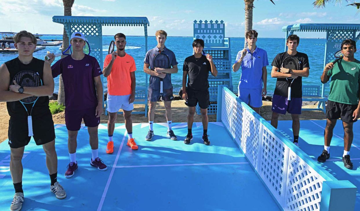 Justin Engel, Nicolai Budkov Kjaer, Dino Prizmic, Martin Landaluce, Learner Tien, Alexander Blockx, Rafael Jodar and Nishesh Basavareddy pose for the official group photo of the 2025 Next Gen ATP Finals presented by PIF