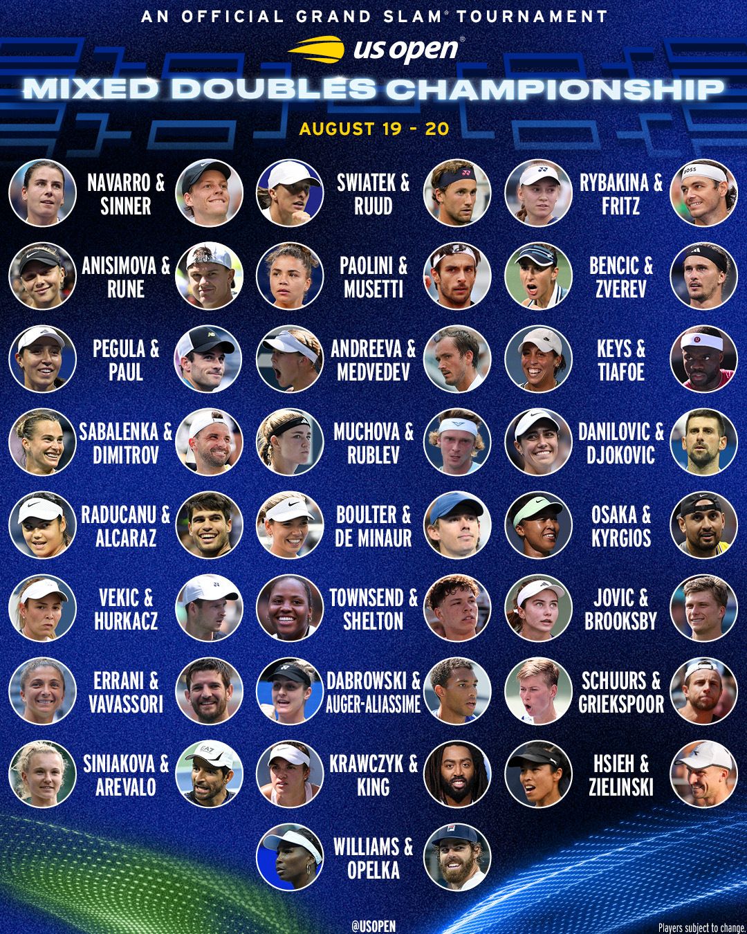 Us Open - Doppio Misto: Ecco tutte le coppie iscritte. 25 coppie iscritte ma potranno giocare solo 16