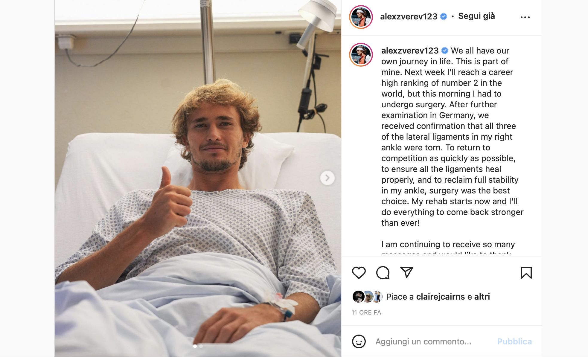 La foto di Zverev dall'ospedale